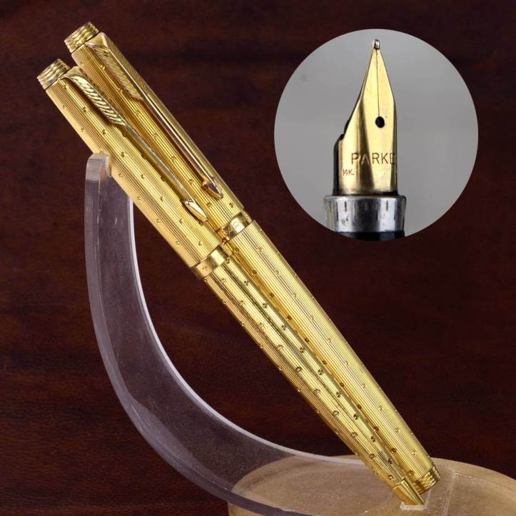 vintage-parker-75-perle-golden-fountain-pen-and-ballpoint-pen-14K-solid-gold-M-nib