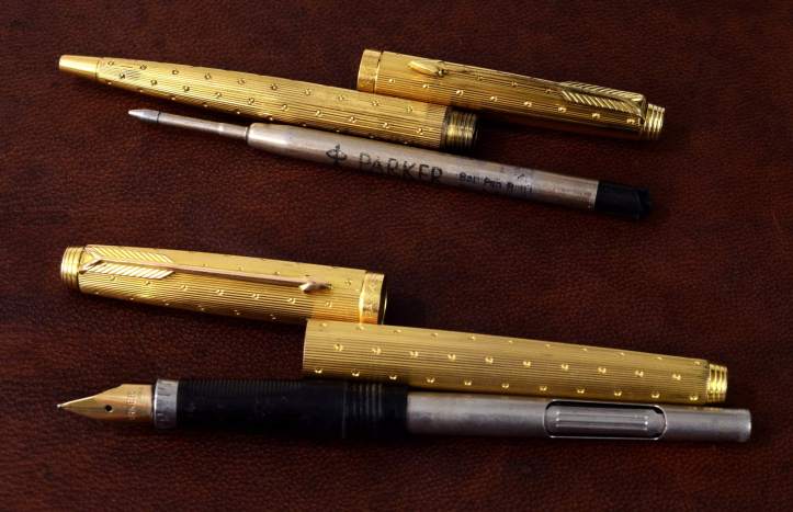 vintage-parker-75-perle-golden-fountain-pen-and-ballpoint-pen-14K-solid-gold-Medium-nib-France